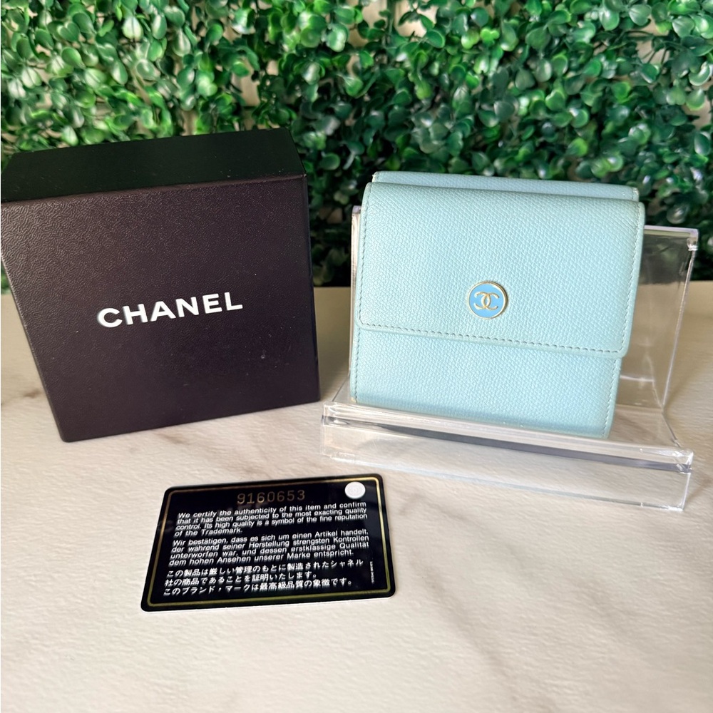 Chanel Light Blue Caviar Leather Compact Wallet with Card / Box / COA